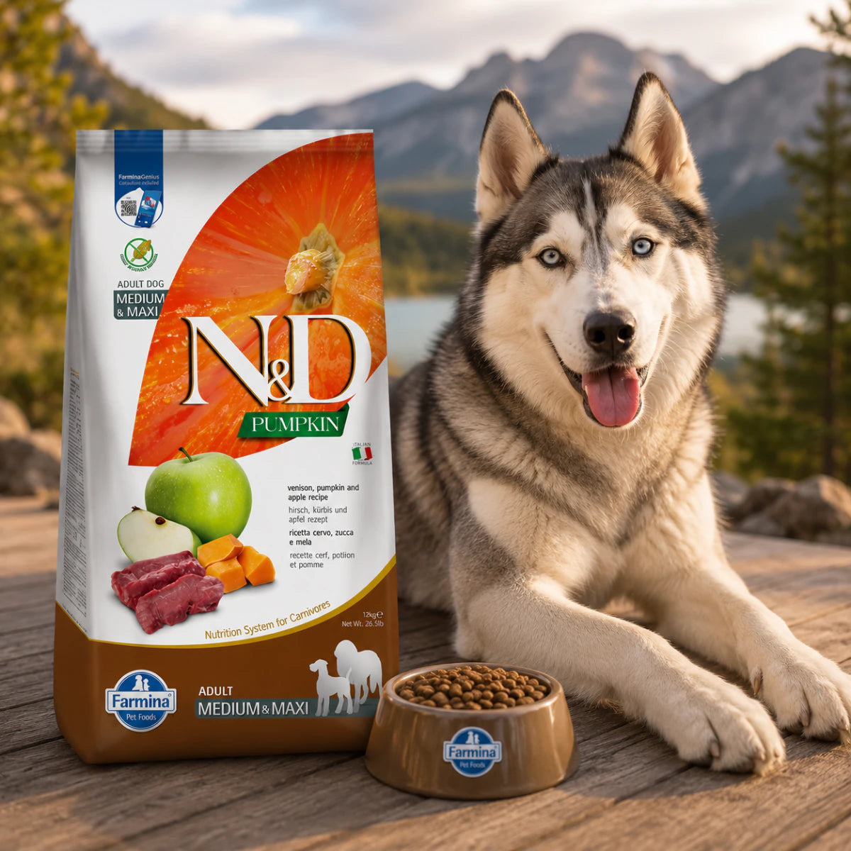 Фарміна дог сух N&D Grain Free  PUMPKIN DOG VENISON & APPLE ADULT MEDIUM & MAXI з олениною та яблуком, промофото - pawow.com.ua