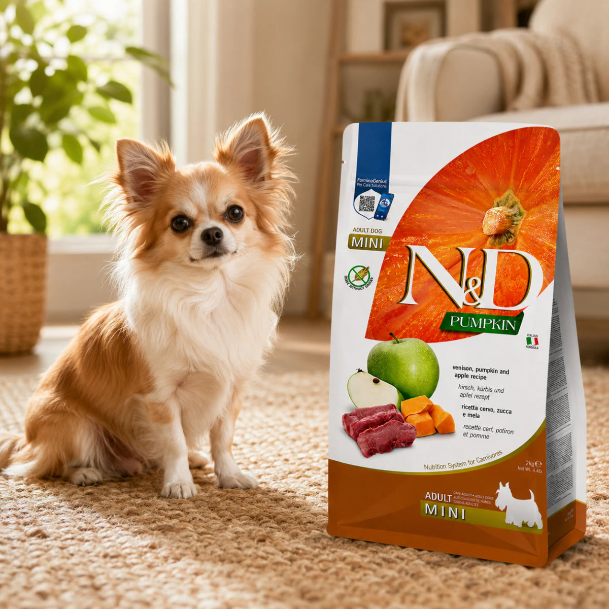 Фарміна дог сух N&D Grain Free PUMPKIN DOG VENISON & APPLE ADULT MIN з олениною та яблуком, промофото - pawow.com.ua