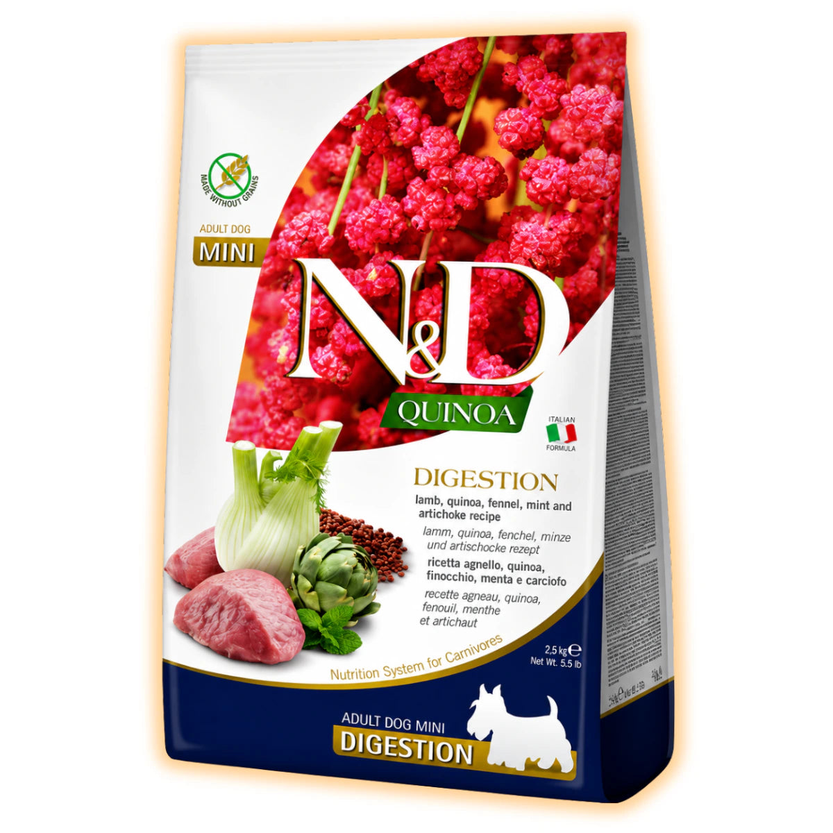 Сухий дієтичний корм Farmina N&D Quinoa Digestion для дорослих собак дрібних порід у разі порушень травлення ягням та кіноа, 2,5 кг - pawow.com.ua