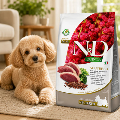 Сухий корм Farmina N&D Quinoa Duck Broccoli&Asparagus Neutered для дорослих стерилызованих собак дрібних порід, качка, кіноа, броколі та спаржа, промофото - pawow.com.ua