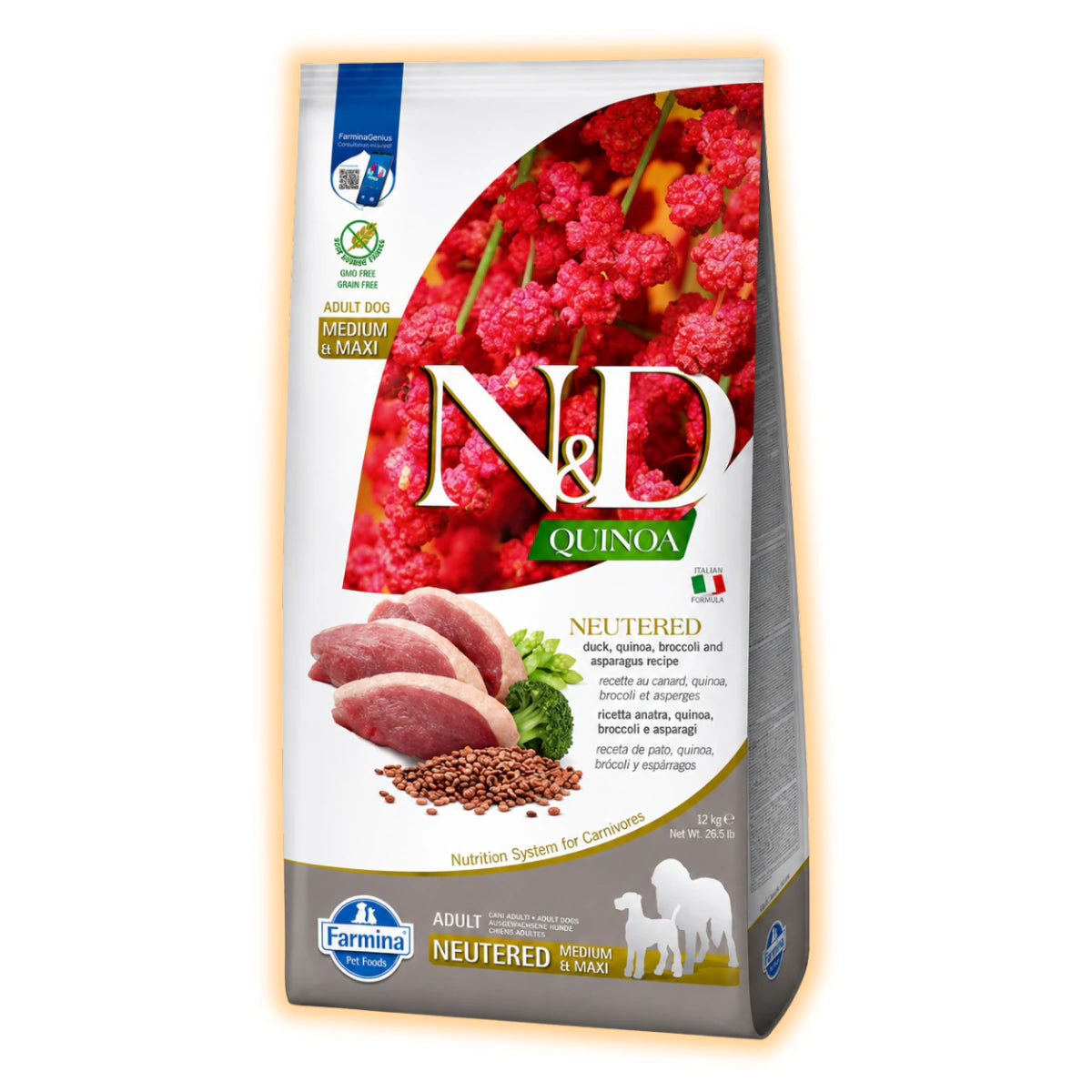 Сухий корм Farmina N&D Quinoa Duck,Broccoli&Asparagus Neutered для дорослих стерил.собак середніх та великих порід,качка,кіноа,броколі і спаржа, 12 кг - pawow.com.ua