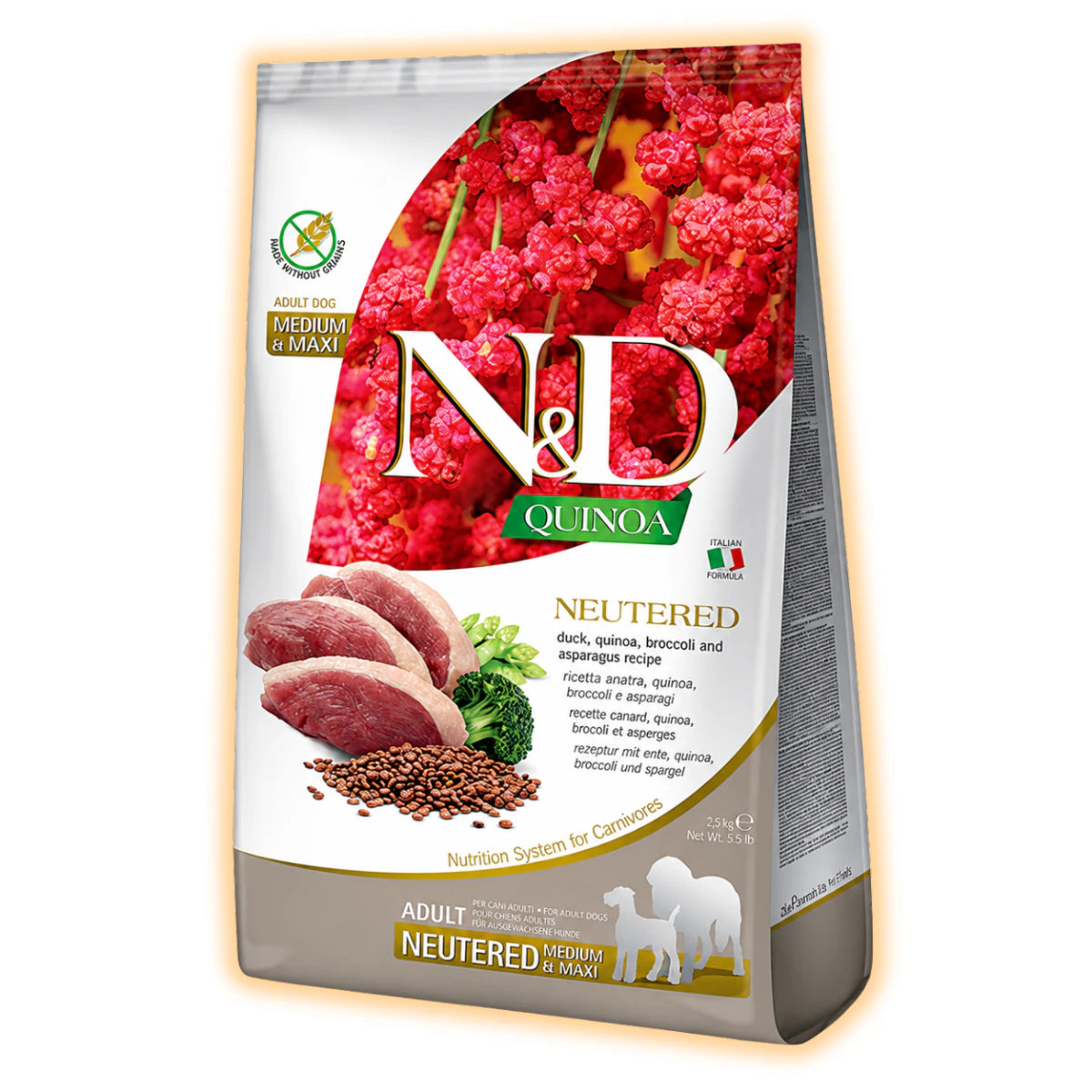 Сухий корм Farmina N&D Quinoa Duck,Broccoli&Asparagus Neutered для дорослих стерил.собак середніх та великих порід,качка,кіноа,броколі і спаржа, 2,5 кг - pawow.com.ua