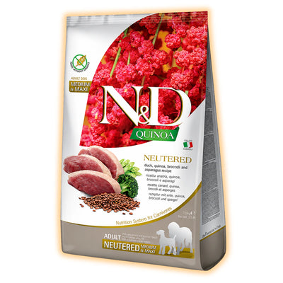 Сухий корм Farmina N&D Quinoa Duck,Broccoli&Asparagus Neutered для дорослих стерил.собак середніх та великих порід,качка,кіноа,броколі і спаржа, 2,5 кг - pawow.com.ua