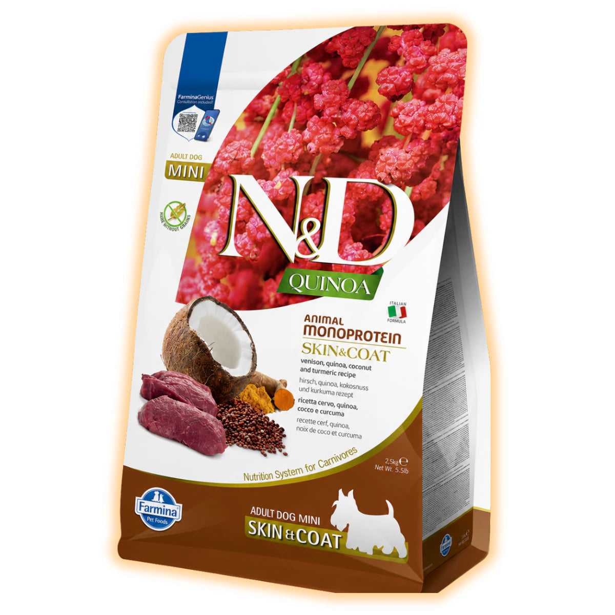 Фарміна дог сухий N&D QUINOA DOG SKIN & COAT, VENISON & COCONUT ADULT MEDIUM MAXI з олениною та кокосом 2.5 kg - pawow.com.ua