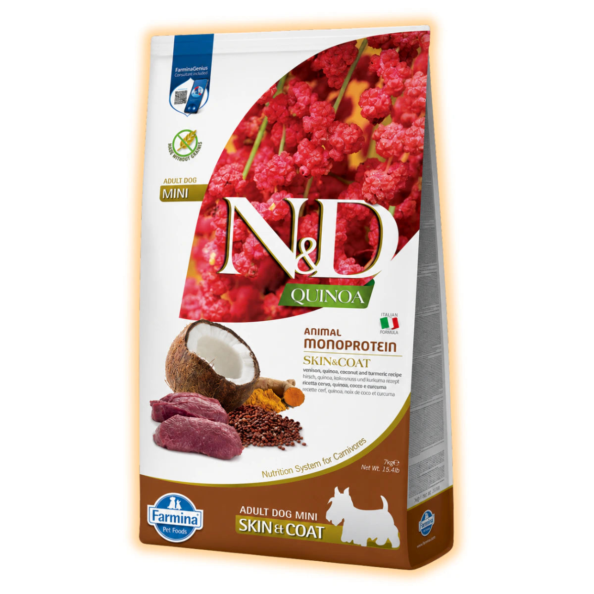 Фарміна дог сухий N&D QUINOA DOG SKIN & COAT, VENISON & COCONUT ADULT MEDIUM MAXI з олениною та кокосом 7 kg - pawow.com.ua