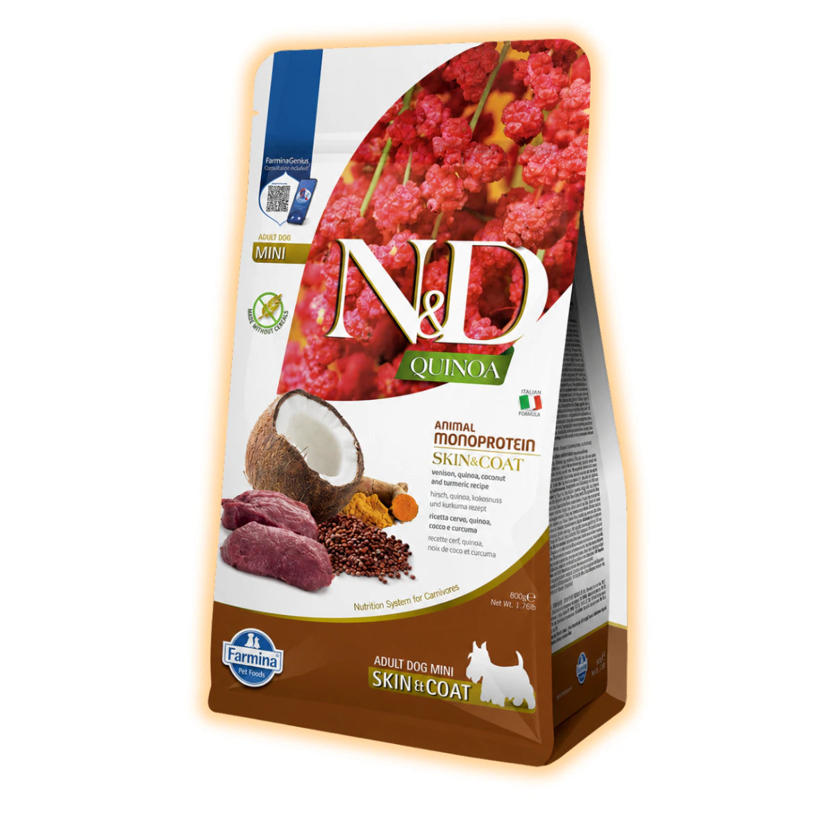 Фарміна дог сухий N&D QUINOA DOG SKIN & COAT, VENISON & COCONUT ADULT MEDIUM MAXI з олениною та кокосом 800 g - pawow.com.ua