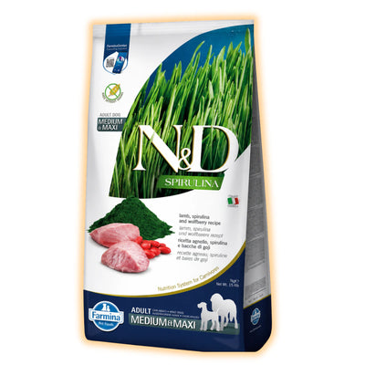 Сухий беззерновий корм Farmina N&D Spirulina для дорослих собак середніх і великих порід з ягням, спіруліною та ягодами годжі, 7 кг - pawow.com.ua