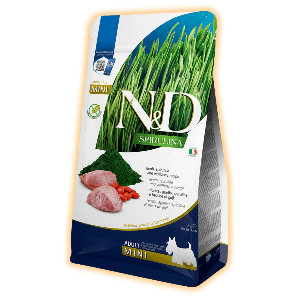 Сухий беззерновий корм Farmina N&D Spirulina для дорослих собак дрібних порід з ягням, спіруліною та ягодами годжі, 2 кг - pawow.com.ua