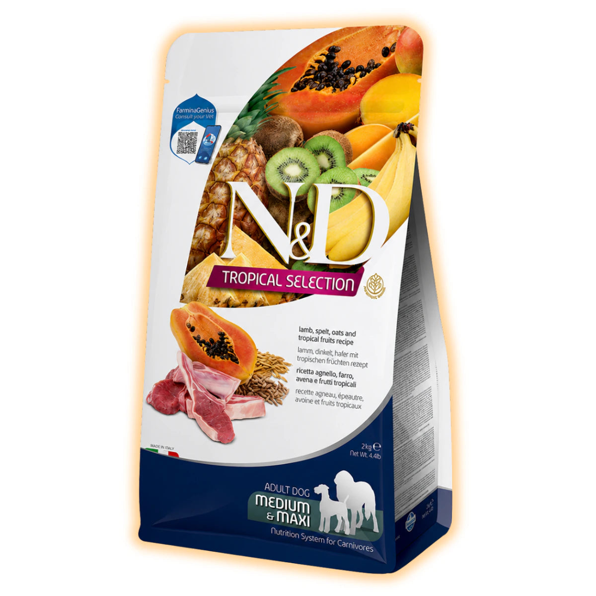 Сухий низькозерновий корм Farmina N&D Tropical Selection для дорослих собак середніх і великих порід з ягням і тропічними фруктами, 2 кг - pawow.com.ua