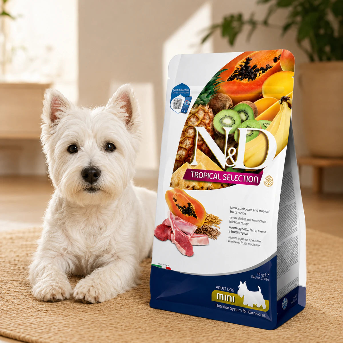 Сухий низькозерновий корм Farmina N&D Tropical Selection для дорослих собак дрібних порід з ягням та тропічними фруктами, промофото - pawow.com.ua