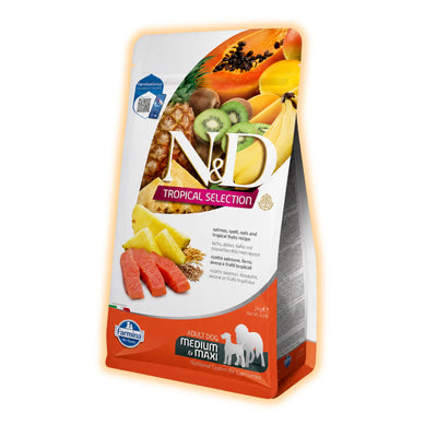 Сухий низькозерновий корм Farmina N&D Tropical Selection для дорослих собак середніх і великих порід з лососем і тропічними фруктами, 2 кг - pawow.com.ua