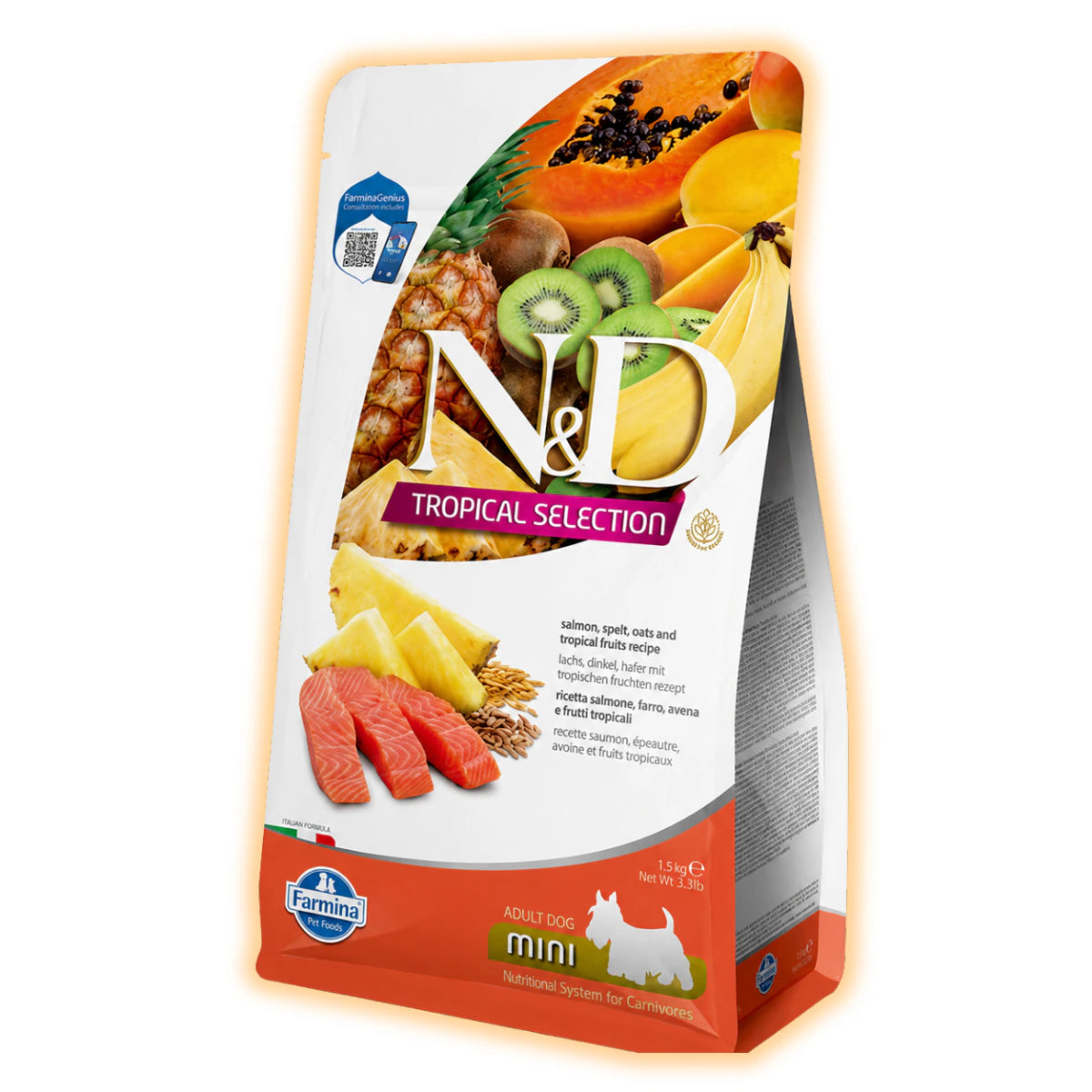 Сухий низькозерновий корм Farmina N&D Tropical Selection для дорослих собак дрібних порід з лососем і тропічними фруктами, 1,5 кг - pawow.com.ua