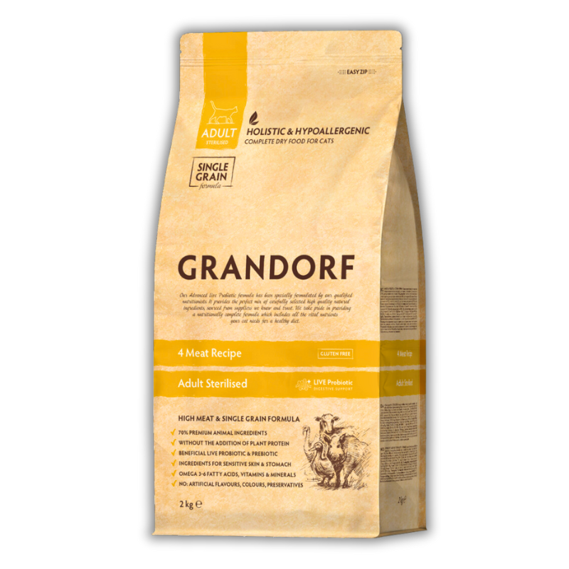 Упаковка сухого корму Grandorf 4 Meat Adult Sterilised Cat All Breeds 2кг