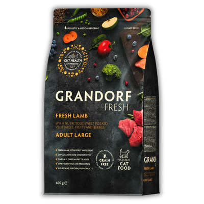 Grandorf FRESH LAMB & SWEET POTATO ADULT LARGE CAT - Сухий корм для дорослих котів великих порід ягня з бататом, 400 г