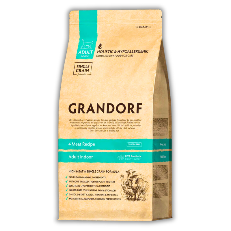 Упаковка сухого корму Grandorf White 4 Meat Adult Indoor Cat All Breeds 400г та 2кг