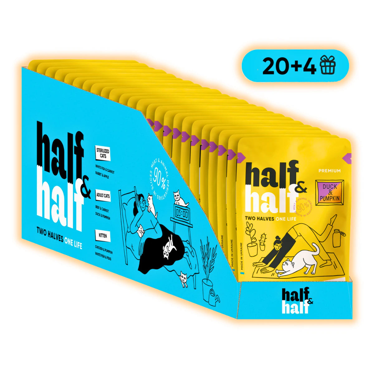 Корм вологий Half&Half для дороcлих котів з качкою та гарбузом в соусі, 20+4 - pawow.com.ua