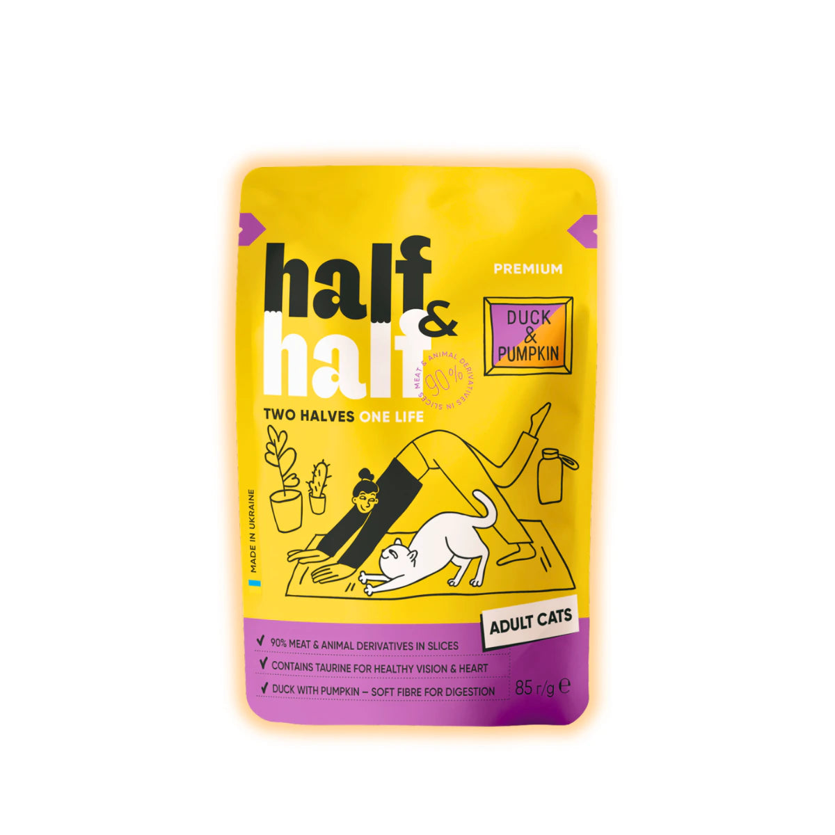 Корм вологий Half&Half для дороcлих котів з качкою та гарбузом в соусі 85 г - pawow.com.ua