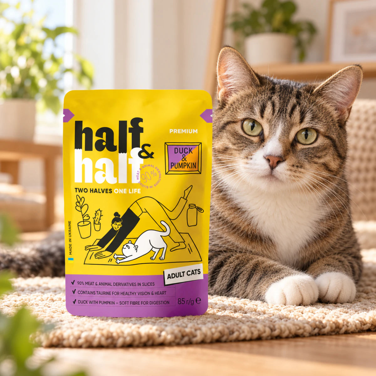 Корм вологий Half&Half для дороcлих котів з качкою та гарбузом в соусі, промофото - pawow.com.ua