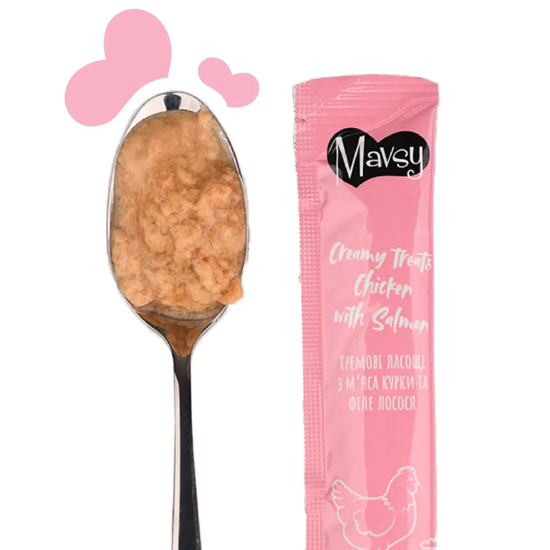 Вигляд ласощів кремових для котів Mavsy CREAMY LICKABLE TREATS CHICKEN WITH SALMON з м’яса курки та філе лосося