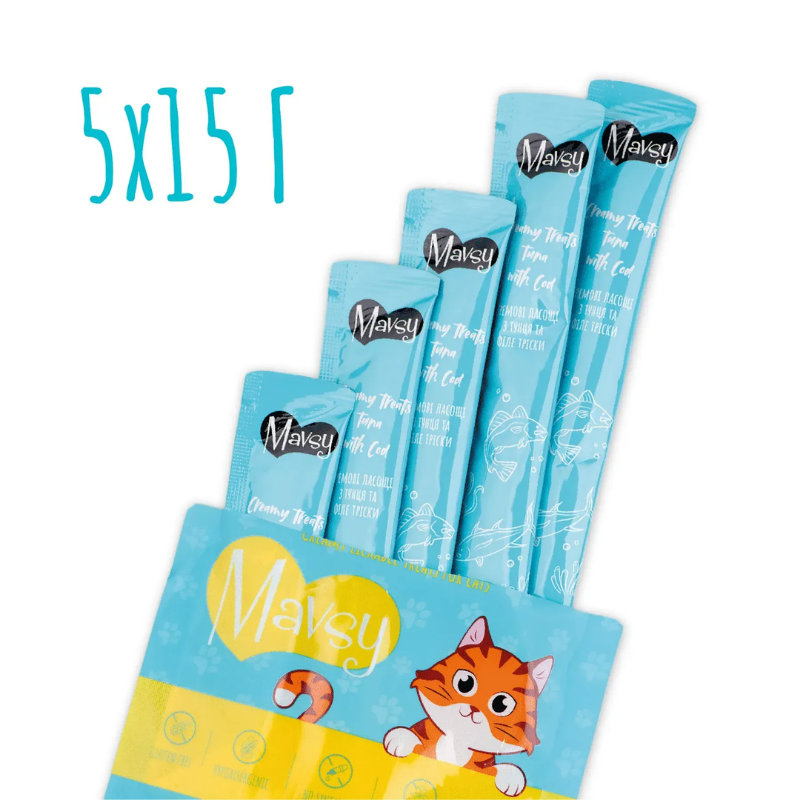 Ласощі кремові для котів Mavsy CREAMY LICKABLE TREATS TUNA WITH COD з тунцем і тріскою, 15 г (5 шт)