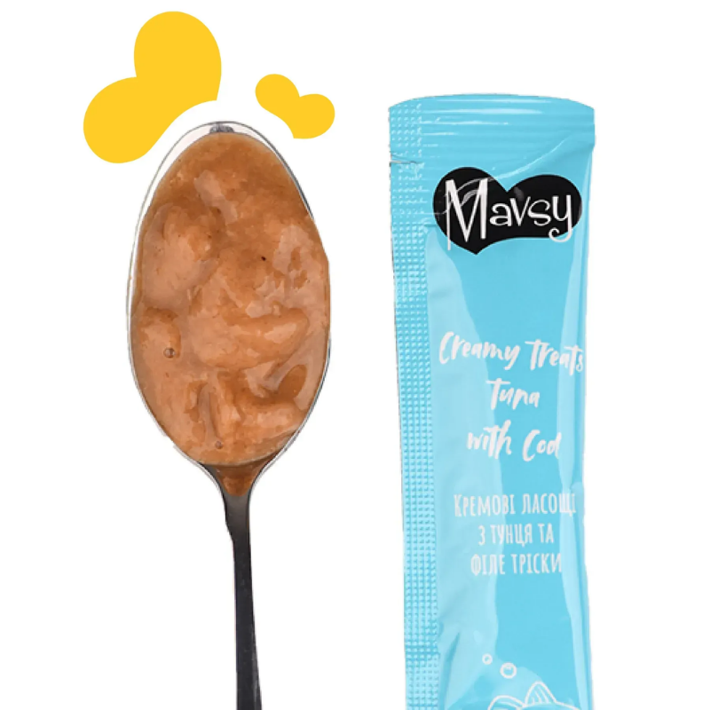 Вигляд ласощів кремових для котів Mavsy CREAMY LICKABLE TREATS TUNA WITH COD з тунцем і тріскою