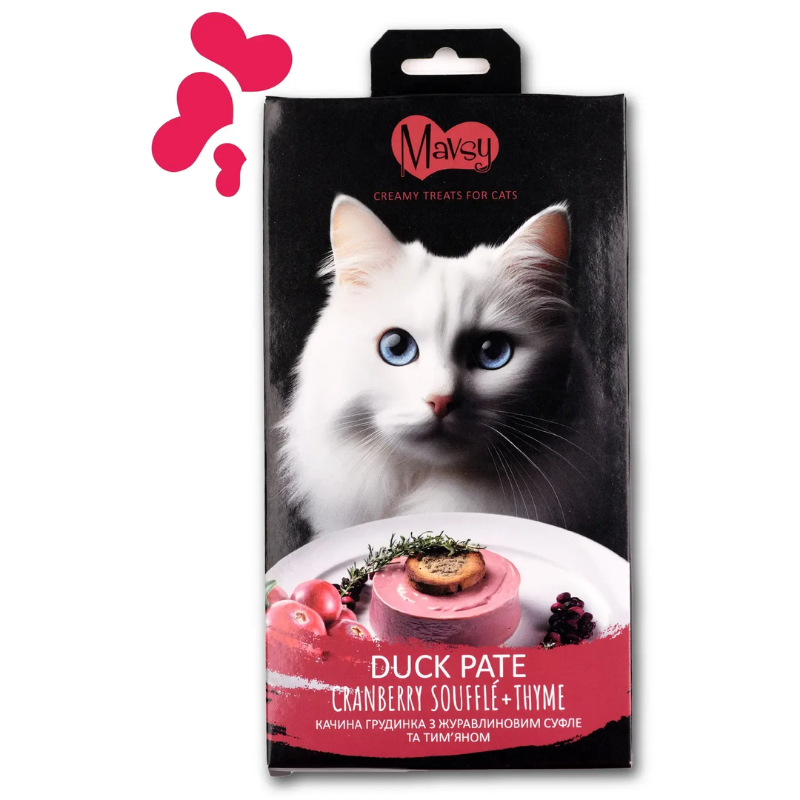 Ласощі кремові для котів Mavsy Creamy superfood DUCK BREAST PATE WITH CRANBERRY SOUFFLÉ AND THYME у вигляді паштету з качиної грудинки, журавлинового суфле та тим'яну, 75 г