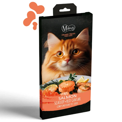 Ласощі кремові для котів Mavsy Creamy superfood SALMON WITH SCALLOP AND RED CAVIAR FOR CATS у вигляді кремоподібного пюре філе лосося з морським гребінцем та червоною ікрою, 75г