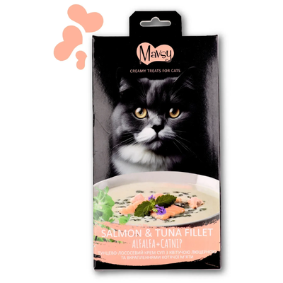 Ласощі кремові для котів Mavsy Creamy superfood SALMON AND TUNA FILLET WITH ALFALFA AND SPLASHED OF CATNIP FOR CATS у вигляді тунцево-лососевого крем супу з квітучою люцерною та вкрапленнями котячої м'яти, 75 г