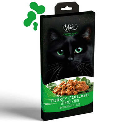 Ласощі кремові для котів Mavsy Creamy superfood TURKEY GOULASH ON A BED OF SPINACH WITH ALOEW у вигляді гуляша з індички на подушці зі шпинату з алое, 75 г
