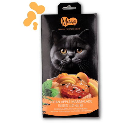 Ласощі кремові для котів Mavsy Creamy superfood VEGAN APPLE MARMALADE WITH PLANTAIN SEEDS WITH A TRAIL OF CATNIP у вигляді веганського яблучного мармеладу з насінням подорожника зі шлейфом котячої м’яти, 75 г