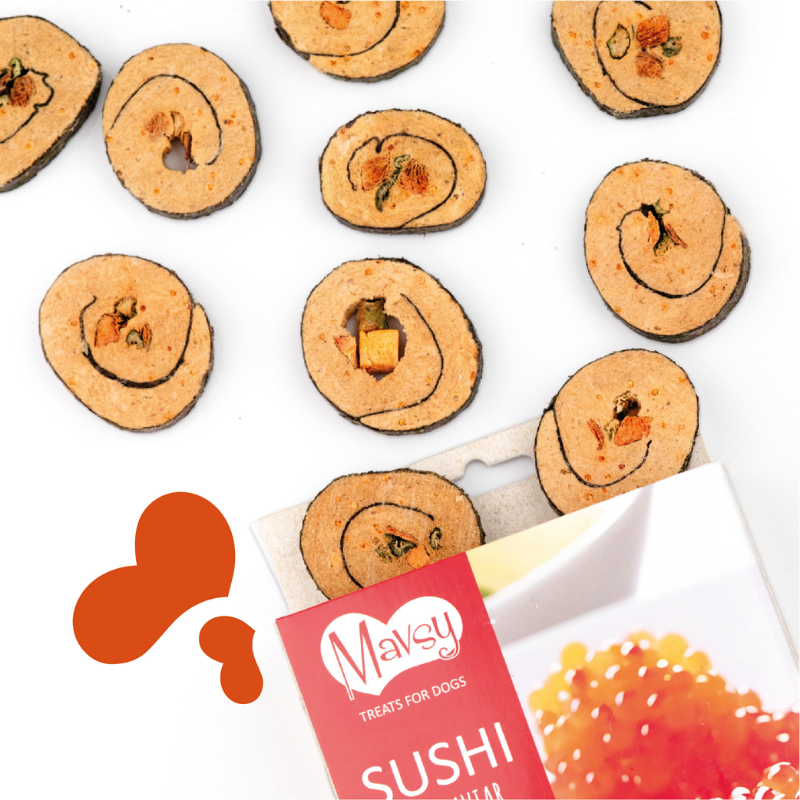 Упаковка ласощів для собак від 3-х місяців Mavsy Freeze dried SUSHI WITH RED CAVIAR суші лосося з червоною ікрою