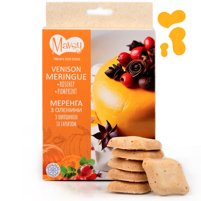 Ласощі для собак від 3-х місяців Mavsy Freeze dried VENISON MERINGUE WITH ROSE HIPS AND PUMPKIN з оленини з шипшиною та гарбузом, 50 г