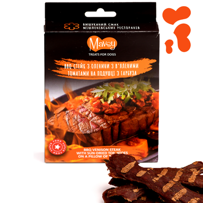 Ласощі для собак від 3-х місяців Mavsy Refined jerky BBQ VENISON STEAK WITH SUN-DRIED TOMATOES ON A BED OF PUMPKIN стейк з оленини з в'яленими томатами на подушці з гарбуза, 100 г