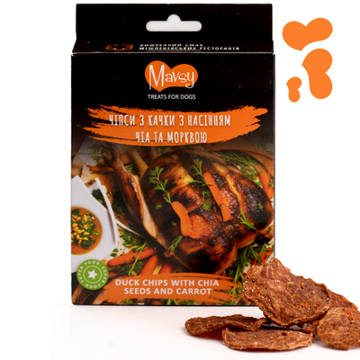 Ласощі для собак від 3-х місяців Mavsy Refined jerky DUCK CHIPS WITH CHIA SEEDS AND CARROTS чіпси з качки з насінням чіа та морквою, 50 г