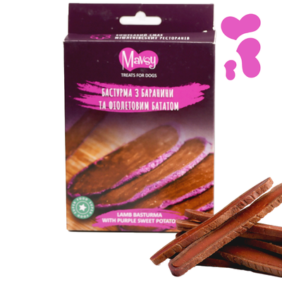 Ласощі для собак від 3-х місяців Mavsy Refined jerky LAMB BASTURMA WITH PURPLE SWEET POTATO бастурма з баранини та фіолетовим бататом, 100 г