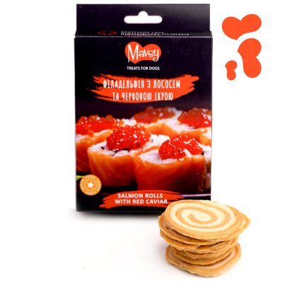 Ласощі для собак від 3-х місяців Mavsy Refined jerky SALMON ROLLS WITH RED CAVIAR філадельфія з лососем і червоною ікрою, 100 г