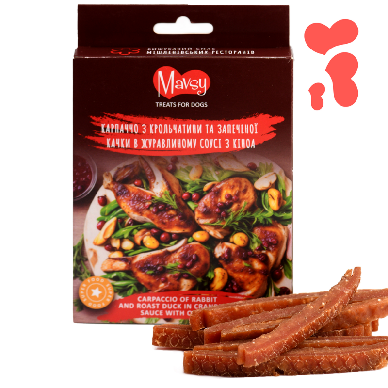 Ласощі для собак від 3-х місяців Mavsy Refined jerky CARPACCIO OF RABBIT AND ROAST DUCK IN CRANBERRY SAUCE карпаччо з крольчатини та запеченої качки в журавлиному соусі, 100 г