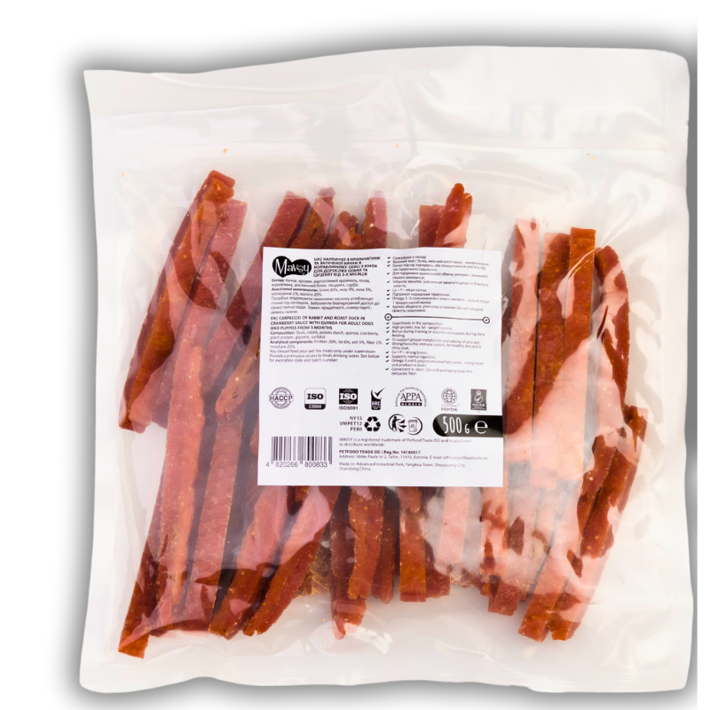 Упаковка ласощів Mavsy Refined jerky Carpaccio Of Rabbit And Roast Duck In Cranberry Sauce 500г