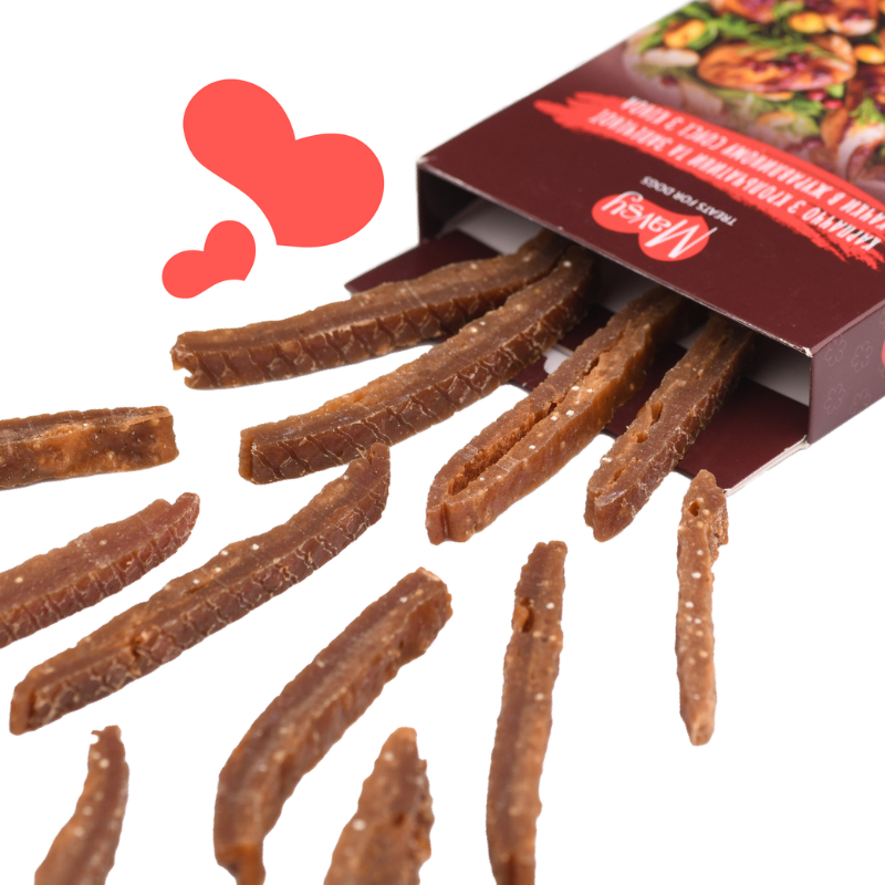 Упаковка ласощів для собак від 3-х місяців Mavsy Refined jerky CARPACCIO OF RABBIT AND ROAST DUCK IN CRANBERRY SAUCE карпаччо з крольчатини та запеченої качки в журавлиному соусі