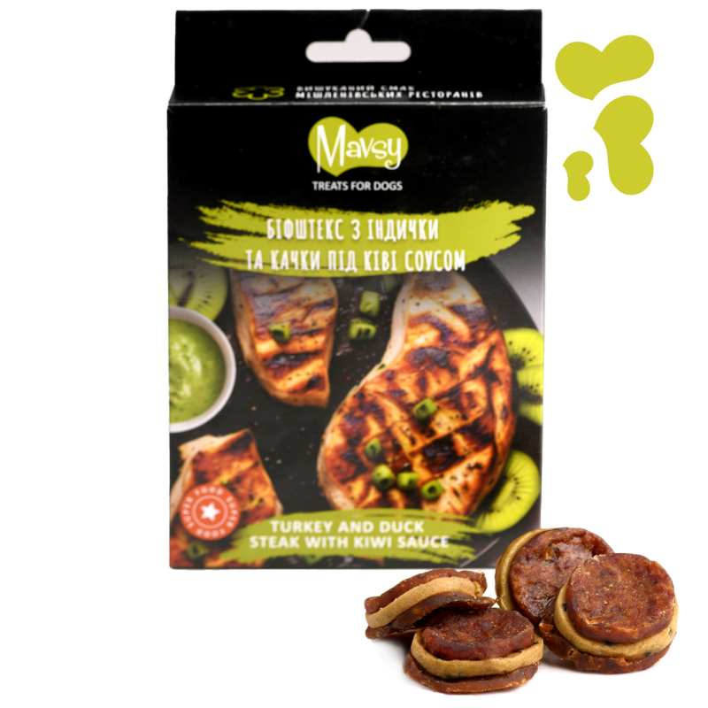 Ласощі для собак від 3-х місяців Mavsy Refined jerky TURKEY AND DUCK STEAK WITH KIWI SAUCE біфштекс з індички та качки під ківі соусом, 100 г