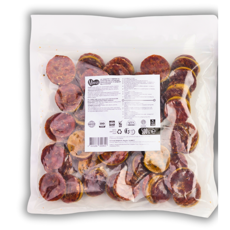 Упаковка ласощів Mavsy Refined jerky Turkey And Duck Steak With Kiwi Sauce 500г