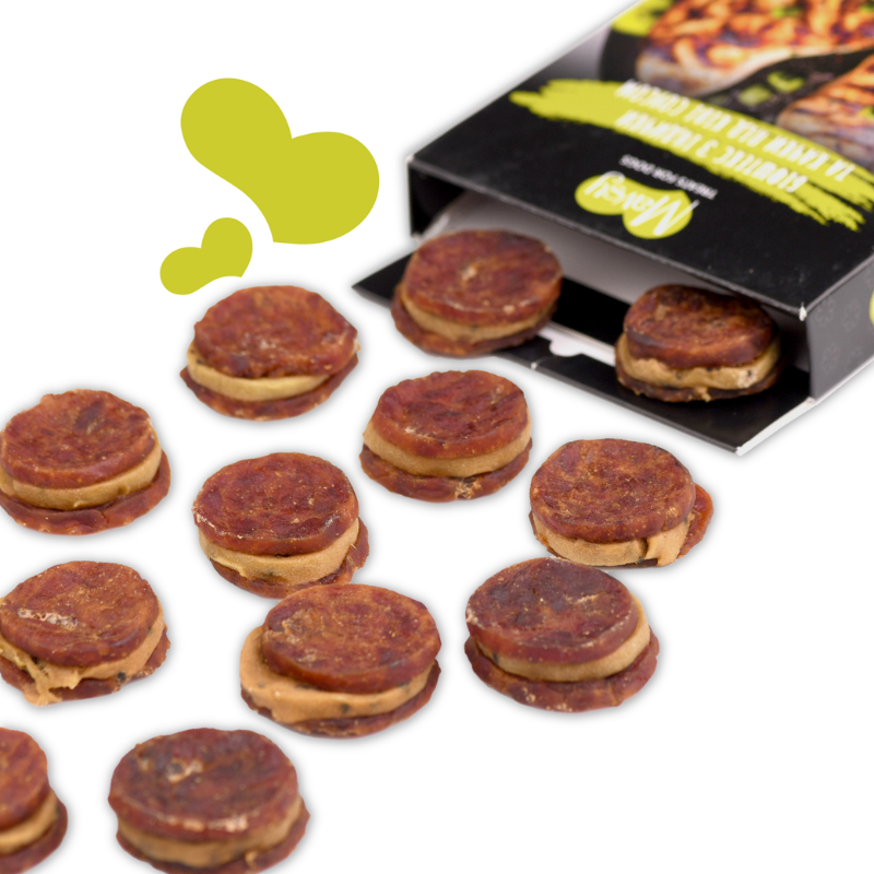 Упаковка ласощів для собак від 3-х місяців Mavsy Refined jerky TURKEY AND DUCK STEAK WITH KIWI SAUCE біфштекс з індички та качки під ківі соусом