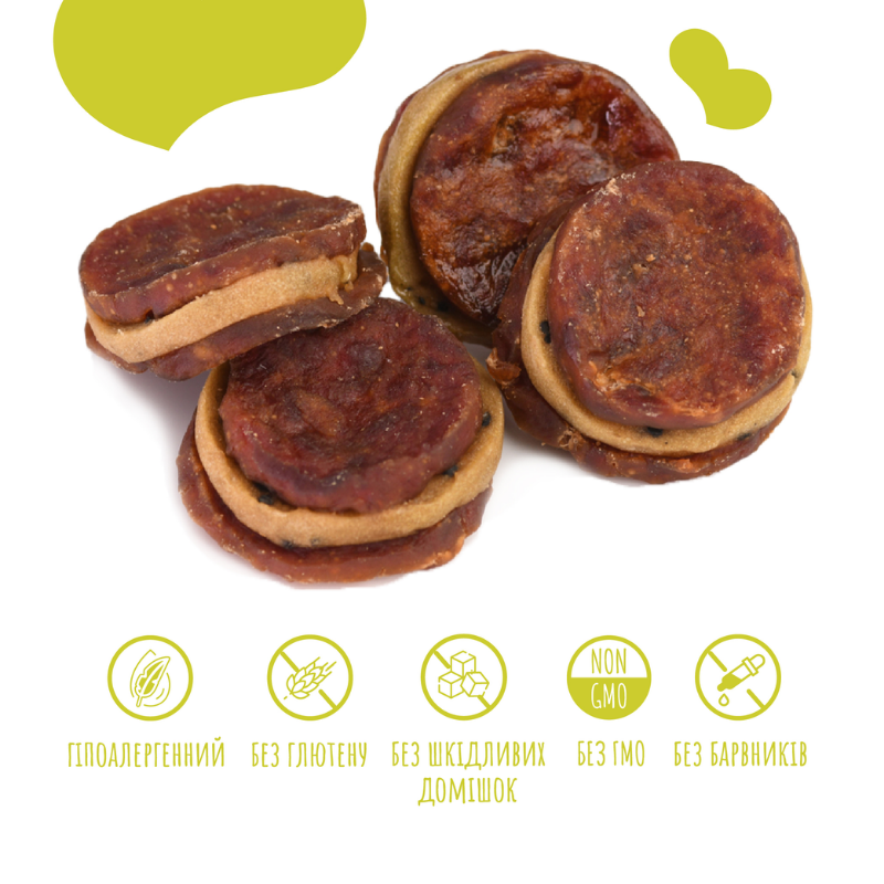 Критерії якості ласощів для собак від 3-х місяців Mavsy Refined jerky TURKEY AND DUCK STEAK WITH KIWI SAUCE біфштекс з індички та качки під ківі соусом