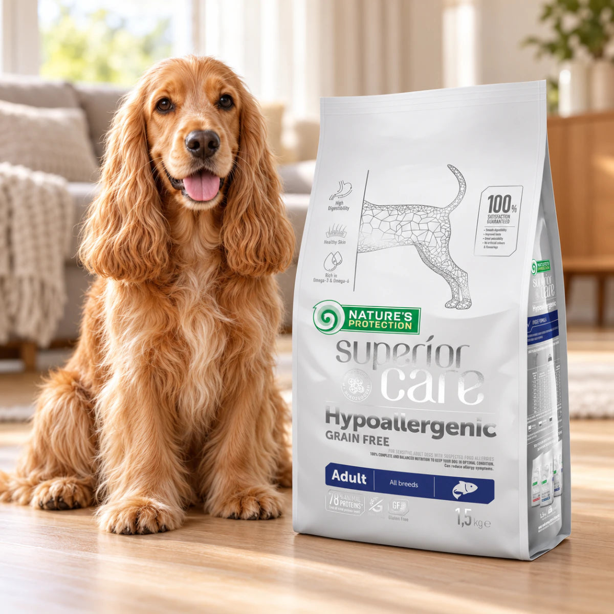 Nature's Protection Superior Care Hypoallergenic Grain Free Adult All Breeds Сухий гіпоалергенний беззерновий корм для дорослих собак усіх порід з лососем, промофото - pawow.com.ua