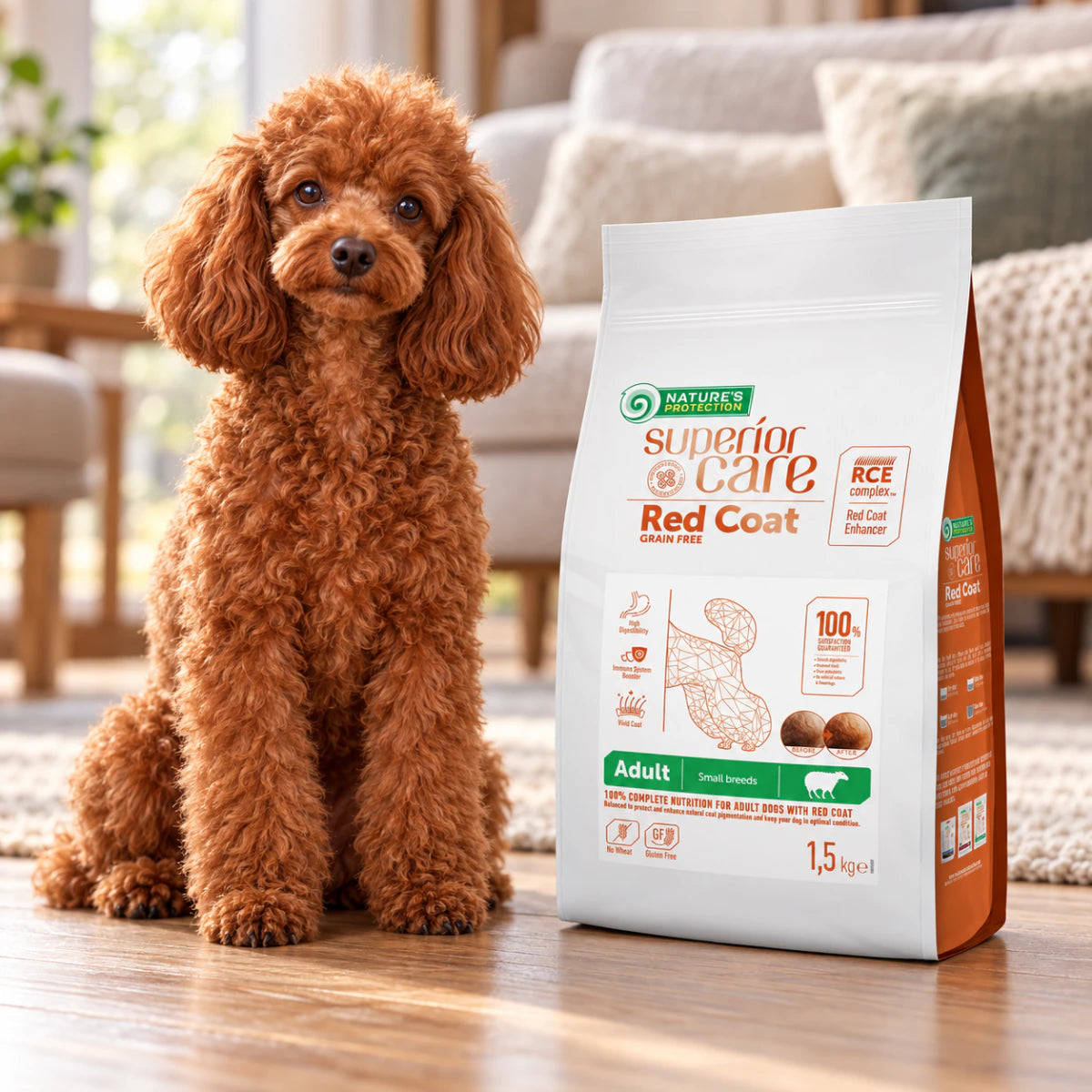 Nature's Protection Superior Care Red Coat Grain Free Lamb Adult Small Breeds Сухий беззерновий корм для дорослих собак малих порід з рудим забарвленням з ягням, промофото - pawow.com.ua