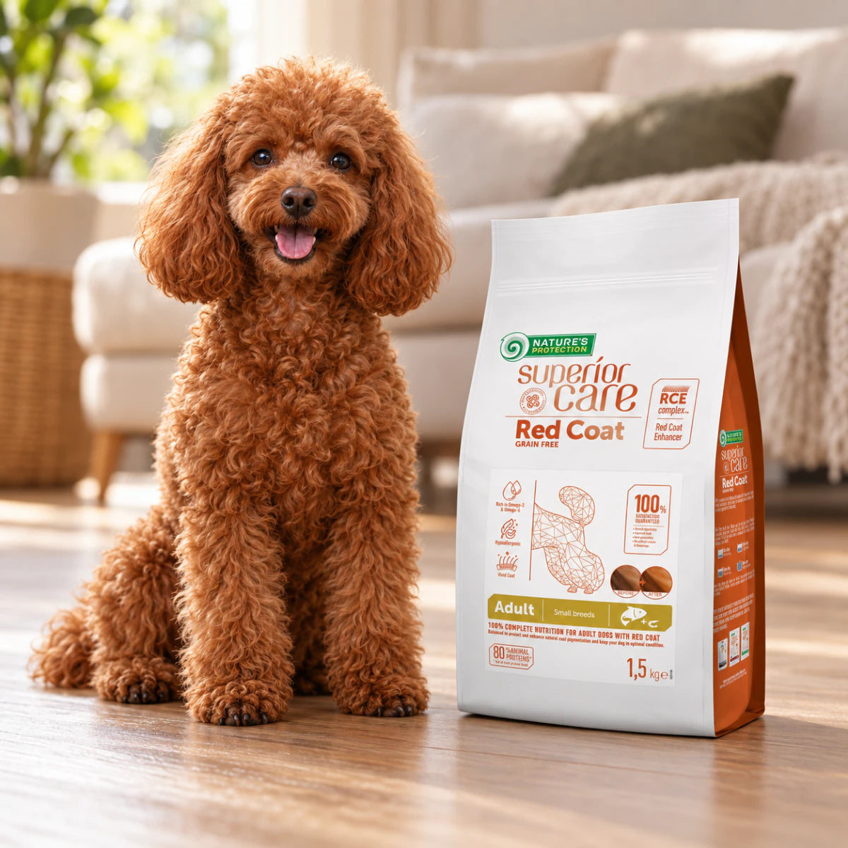 Nature's Protection Superior Care Red Coat Grain Free Salmon Adult Small Breeds Сухий беззерновий корм для дорослих собак малих порід з рудим забарвленням з лососем, промофото - pawow.com.ua