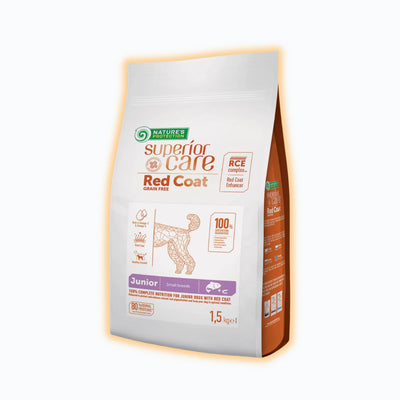 Nature's Protection Superior Care Red Coat Grain Free Salmon Junior Small Breeds Сухий беззерновий корм для юніорів малих порід з рудим забарвленням з лососем, 1.5 кг - pawow.com.ua