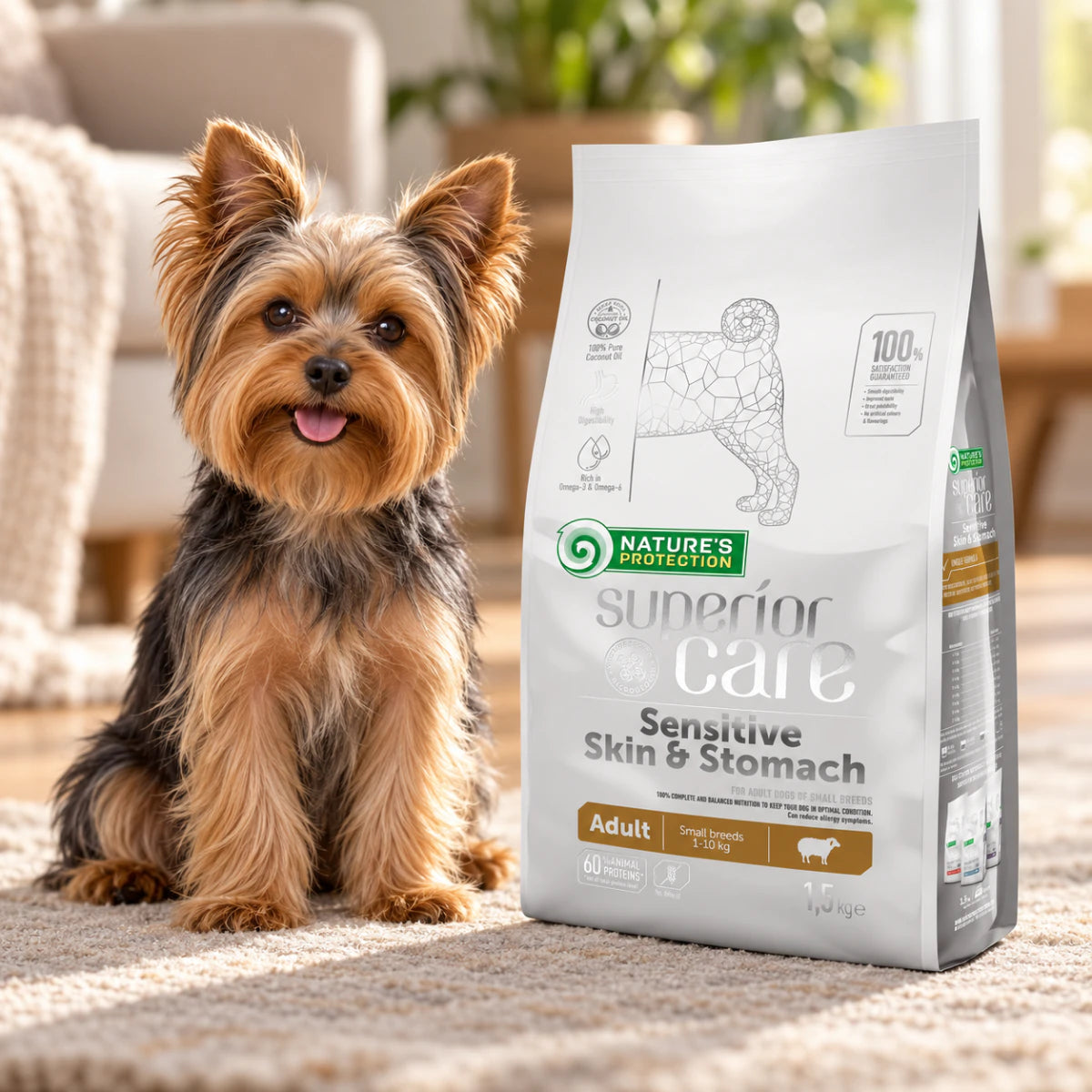 Nature's Protection Superior Care Sensitive Skin&Stomach Adult Small Breeds Сухий корм для дорослих собак малих порід із чутливим травленням з ягням, промофото - pawow.com.ua