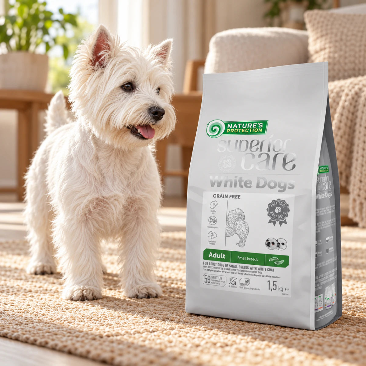 Nature's Protection Superior Care White Dogs Grain Free Insect Adult Small Breeds Сухий беззерновий корм для дорослих собак малих порід з протеїном комах, промофото - pawow.com.ua