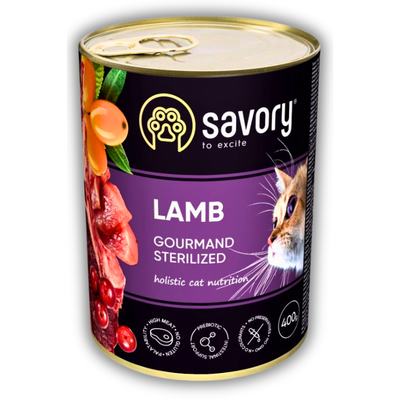 Корм вологий Savory Cat Can Adult Sterilised консерви для стерилізованих котів з ягням 400 г